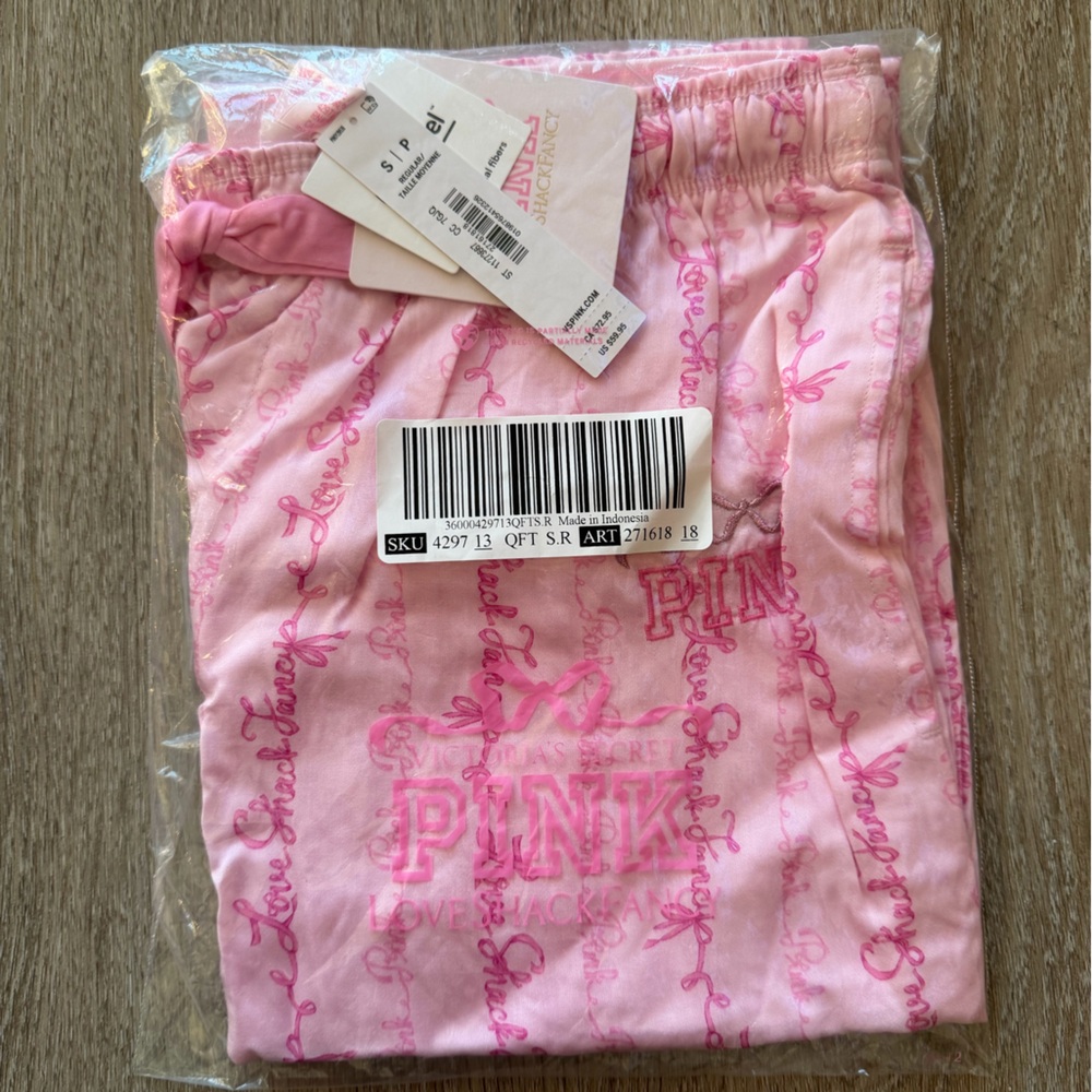 PINK x LoveShackFancy Silky Sleep Pants Pink Floral Logo Lounge Pajama Bottoms - Picture 2 of 12